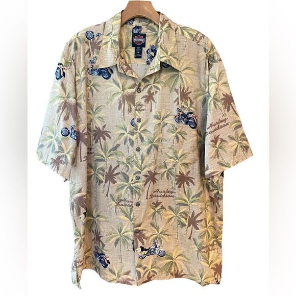 Harley Davidson Tori Richards XL Rare Beige Tropical Motorcycle Palm Print Shirt - Picture 1 of 9